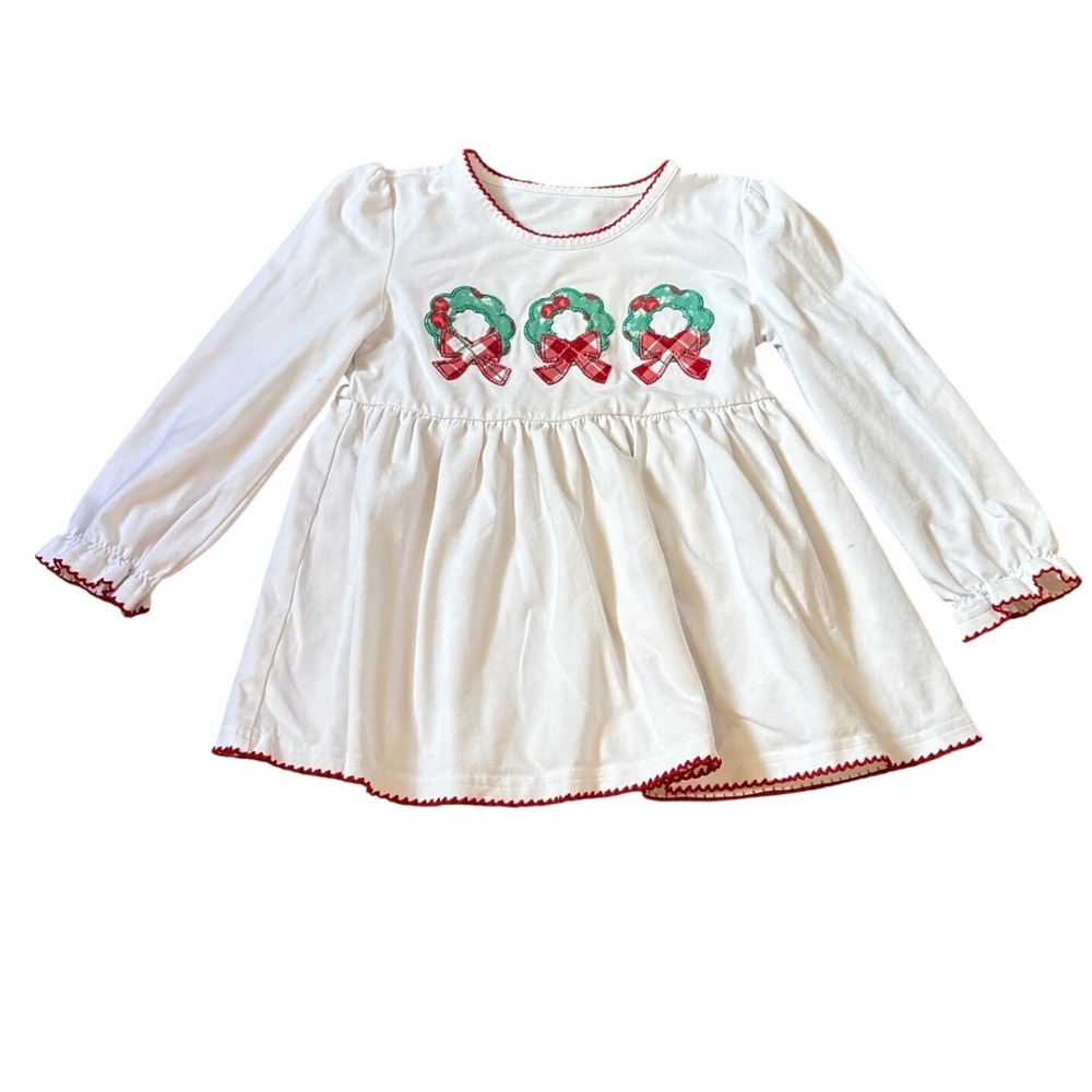 Serendipity Tunic Top Kids White Christmas Wreath Ric Rac SIZE 2T-3T